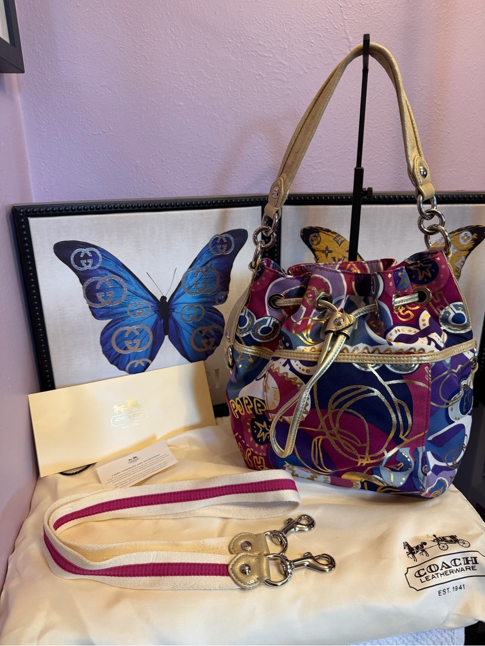 Coach Poppy Women's Drawstring Bucket Bag - Pink, Navy & Gold with box/dustbag
